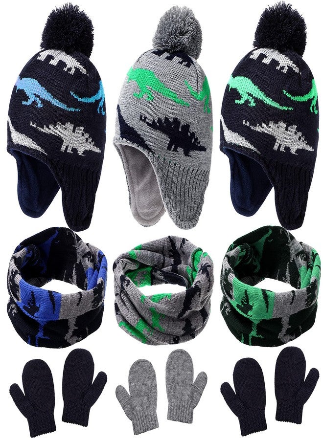 JaGely 9 Pieces Baby Winter Hat Scarf Mittens Set Including Pompom Dinosaur Beanie Knitted Toddler Gloves Warm Fleece Scarf - Image 1