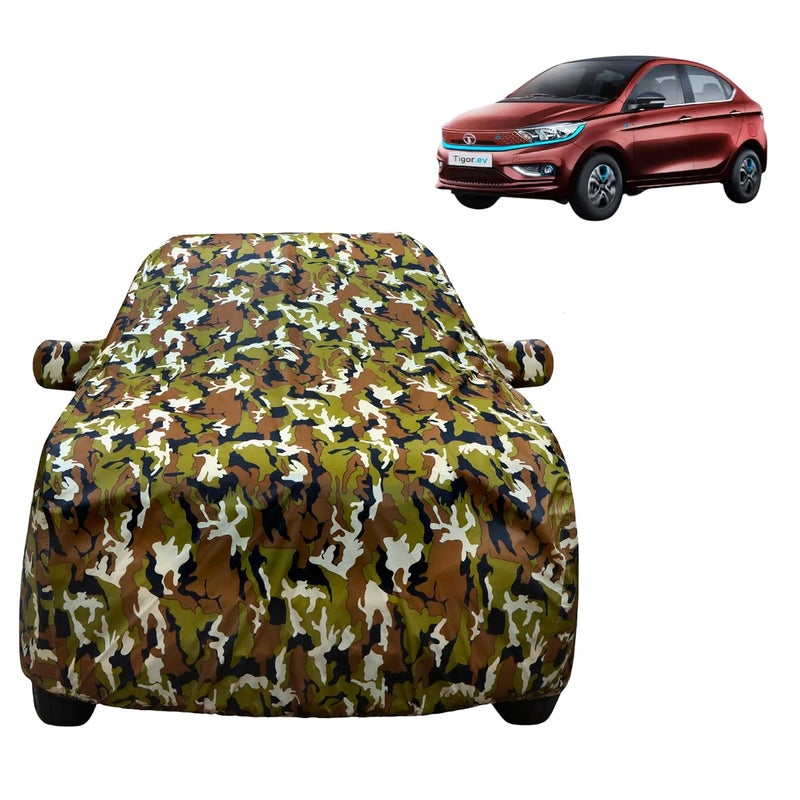 VYAS 100% Waterproof Car Body Cover for Tata Tigor EV (2021-2025) with Mirror Pocket Triple Stitched Belt & Buckle Fitting Dual Elastic, Durable Material Jungle Print Camouflage Design - Image 1