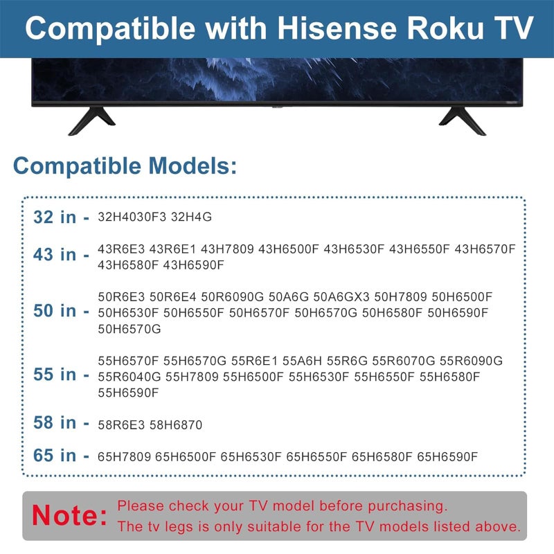 Dinghosen TV Base Stand for Hisense TV Legs, TV Stand Legs for Hisense Smart TV, for 32H4030F3 43R6E3 50R6E3 50A6G 55H6570 55H6570G 58H6870, TV Stand for Hisense TV with Screws - Image 3