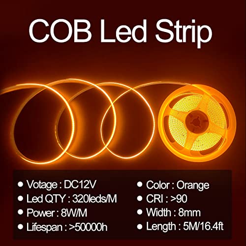 HAMRVL COB LED Strip Lights Orange,DC12V 16.4ft/5M 320leds/M CRI90 Bright Flexible LED Tape 8mm, for Indoor Home Cabinet, Bedroom, Kitchen, Stage, Backlight DIY Lighting(Without Power Supply) (Orange) - Image 2