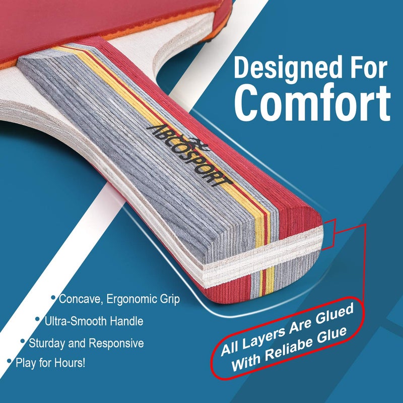 Abco Tech Ping-Pong Paddles and Balls Set - Professional, Recreational Table Tennis Paddles Set - Includes 4 Rackets with Flared Handles with 6 Balls - Black and Red Rubber for Optimal Spin Control - Image 3