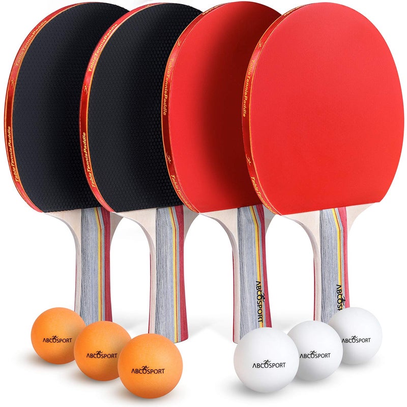 Abco Tech Ping-Pong Paddles and Balls Set - Professional, Recreational Table Tennis Paddles Set - Includes 4 Rackets with Flared Handles with 6 Balls - Black and Red Rubber for Optimal Spin Control - Image 1