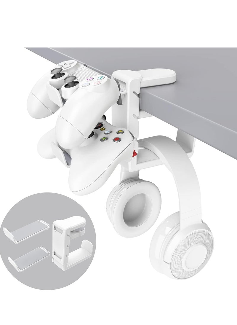 Bukela - 3-in-1 Gaming Headphone & Controller Holder, Adjustable & Rotating Arm Clamp for PC, Under Desk Headset Stand, Universal Hook for Controllers (White) - Image 1