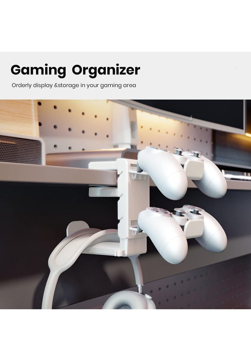Bukela - 3-in-1 Gaming Headphone & Controller Holder, Adjustable & Rotating Arm Clamp for PC, Under Desk Headset Stand, Universal Hook for Controllers (White) - Image 1