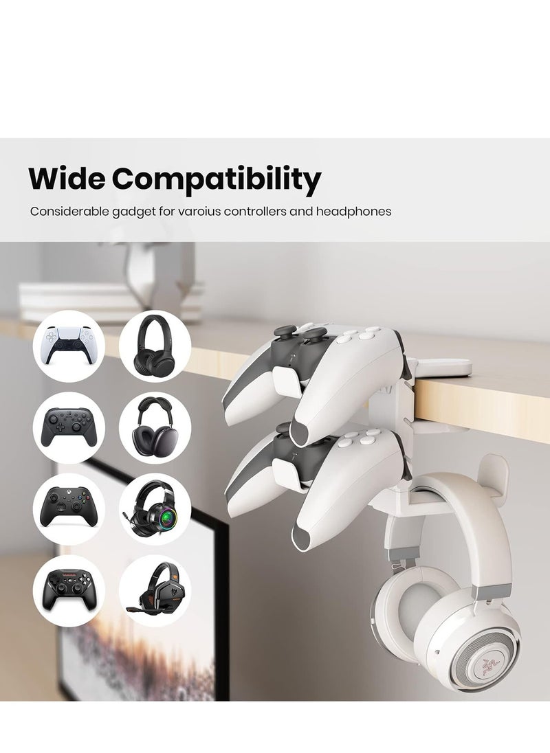Bukela - 3-in-1 Gaming Headphone & Controller Holder, Adjustable & Rotating Arm Clamp for PC, Under Desk Headset Stand, Universal Hook for Controllers (White) - Image 1