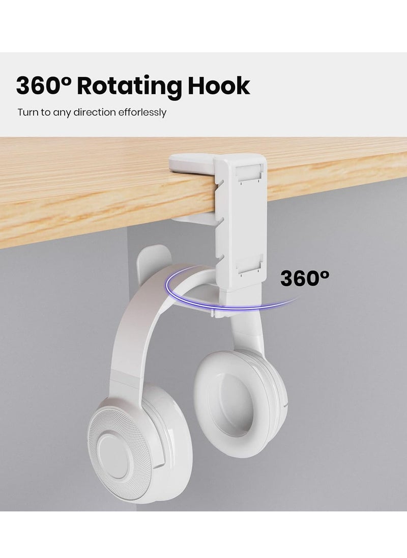 Bukela - 3-in-1 Gaming Headphone & Controller Holder, Adjustable & Rotating Arm Clamp for PC, Under Desk Headset Stand, Universal Hook for Controllers (White) - Image 1