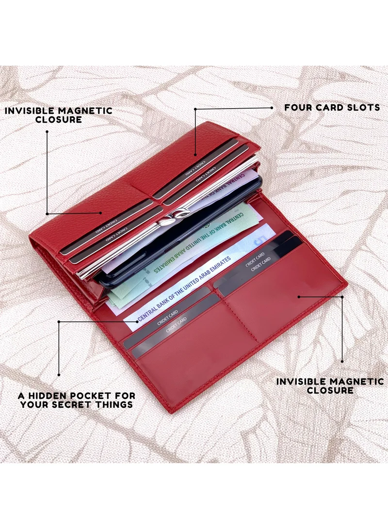 Classic Milano Red (JFL-3-88200-392) Classic Milano Premium Faux Leather Long Wallet for Women with Magnetic Closure | Ladies Wallet Card Holder Purse | Slim Women's Wallet for Daily Use, Travel, and Gifting for Women | Best Price UAE