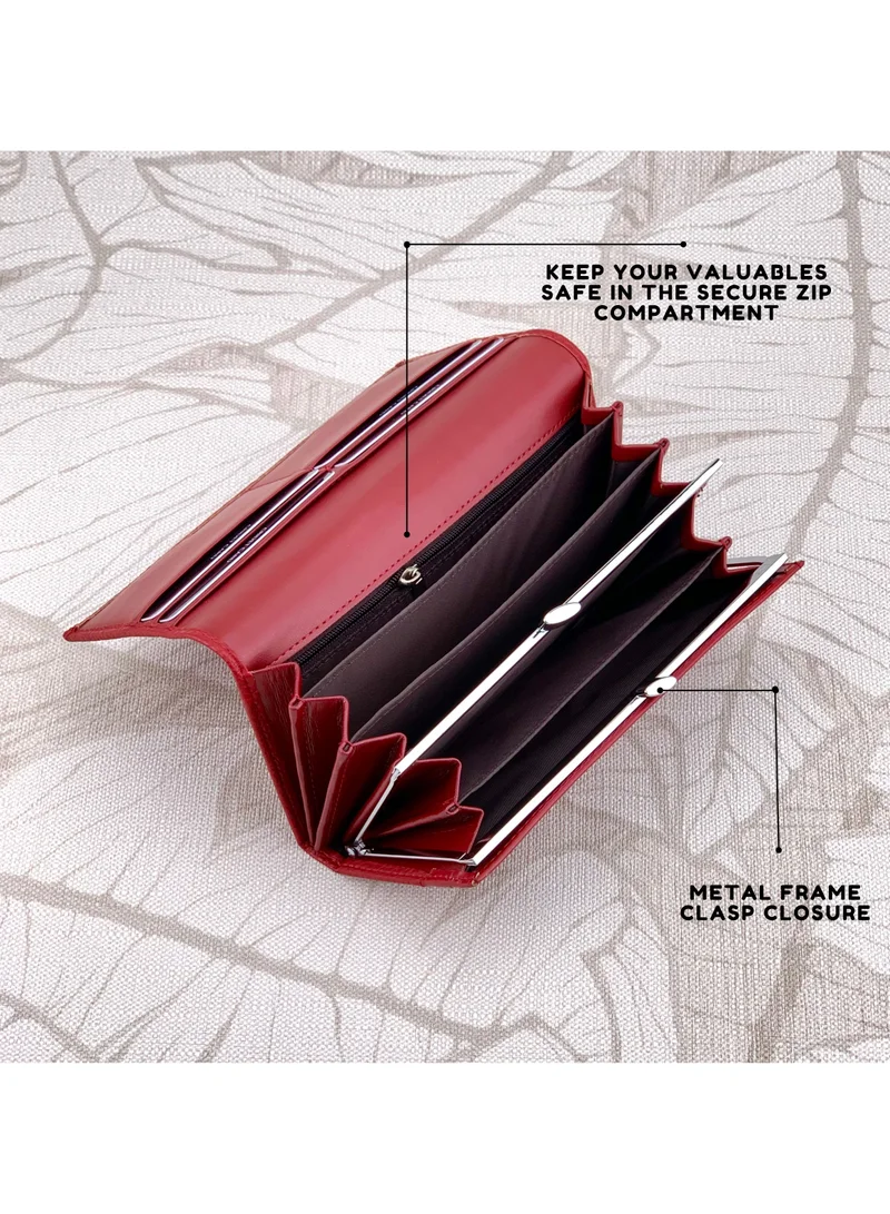 Classic Milano Red (JFL-3-88200-392) Classic Milano Premium Faux Leather Long Wallet for Women with Magnetic Closure | Ladies Wallet Card Holder Purse | Slim Women's Wallet for Daily Use, Travel, and Gifting for Women | Best Price UAE