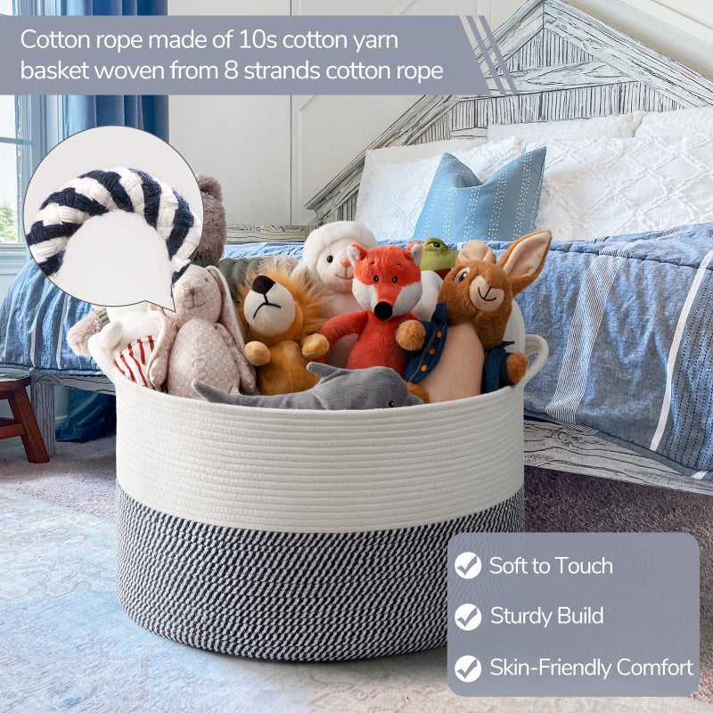 INDRESSME XXXLarge Cotton Rope Basket 21.7" x 21.7" x 13.8" Woven Baby Laundry Baskets Blanket Basket Toy Baskets with Handle Storage Comforter Cushions Navy Laundry Hamper - Image 2