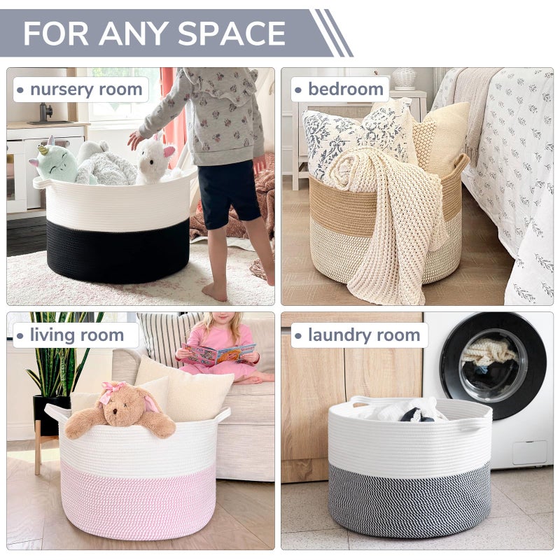 INDRESSME XXXLarge Cotton Rope Basket 21.7" x 21.7" x 13.8" Woven Baby Laundry Baskets Blanket Basket Toy Baskets with Handle Storage Comforter Cushions Navy Laundry Hamper - Image 4