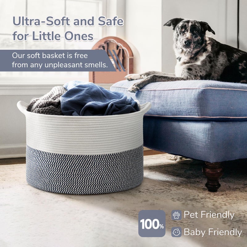 INDRESSME XXXLarge Cotton Rope Basket 21.7" x 21.7" x 13.8" Woven Baby Laundry Baskets Blanket Basket Toy Baskets with Handle Storage Comforter Cushions Navy Laundry Hamper - Image 5