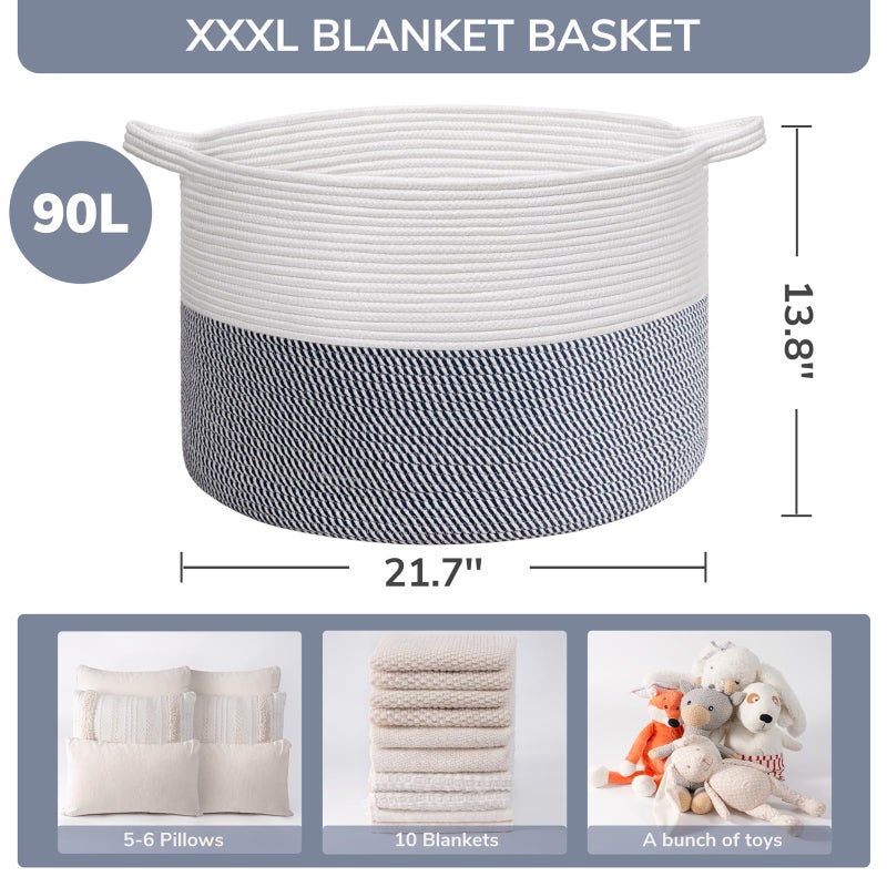 INDRESSME XXXLarge Cotton Rope Basket 21.7" x 21.7" x 13.8" Woven Baby Laundry Baskets Blanket Basket Toy Baskets with Handle Storage Comforter Cushions Navy Laundry Hamper - Image 3