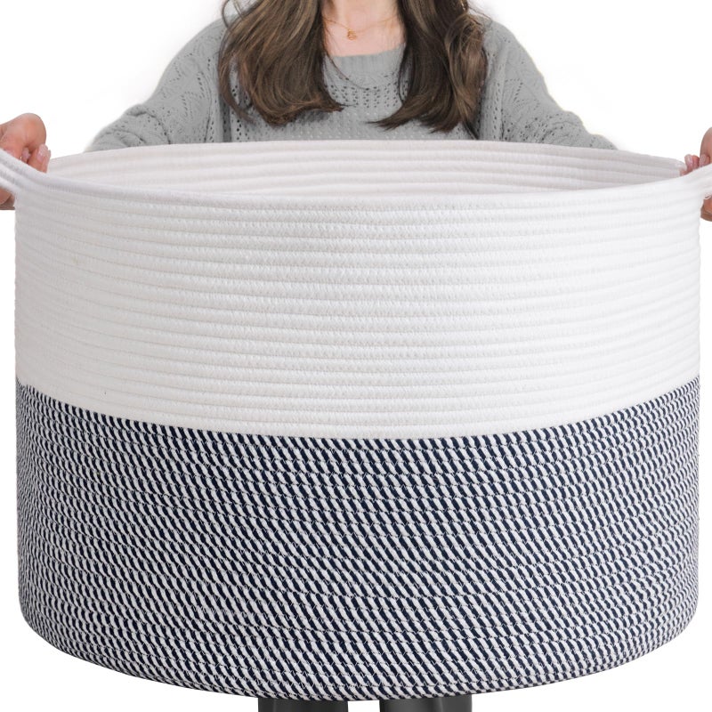 INDRESSME XXXLarge Cotton Rope Basket 21.7" x 21.7" x 13.8" Woven Baby Laundry Baskets Blanket Basket Toy Baskets with Handle Storage Comforter Cushions Navy Laundry Hamper - Image 1