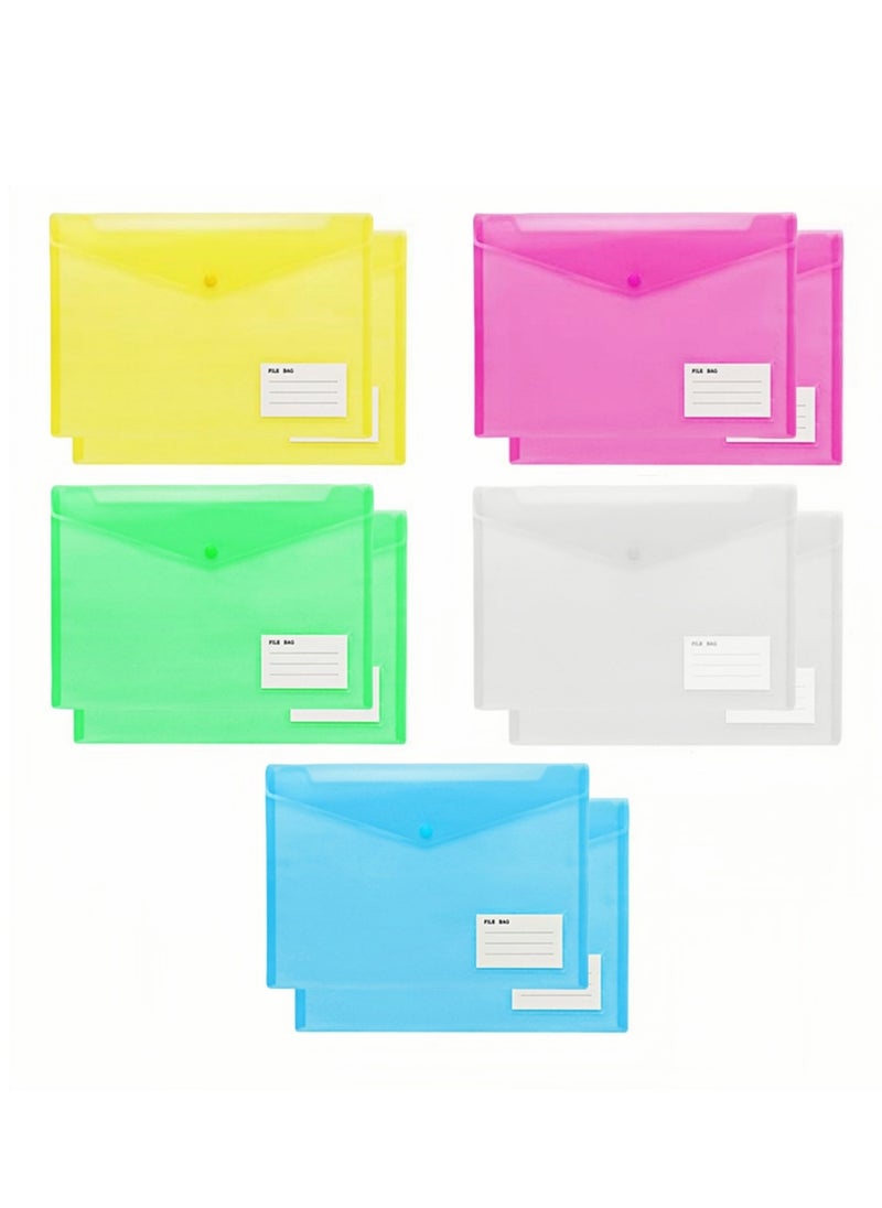 NOVOLAN Transparent A4 File Pockets, 10-Pack Waterproof Document Bags with Snap Closure & Labels, Includes 5 Multi-Color Organizers for Home, Office, and Work, for Filing Envelopes, 33x23.5cm  - Image 1