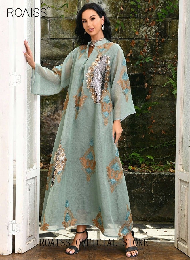 roaiss Ramadan Women Muslim Dress Sequin Mesh Abaya Dubai Maxi Dress Party Robe Women Embroidery Islamic Dresses  - Image 2