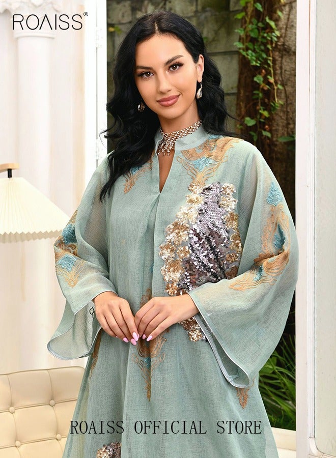 roaiss Ramadan Women Muslim Dress Sequin Mesh Abaya Dubai Maxi Dress Party Robe Women Embroidery Islamic Dresses  - Image 4