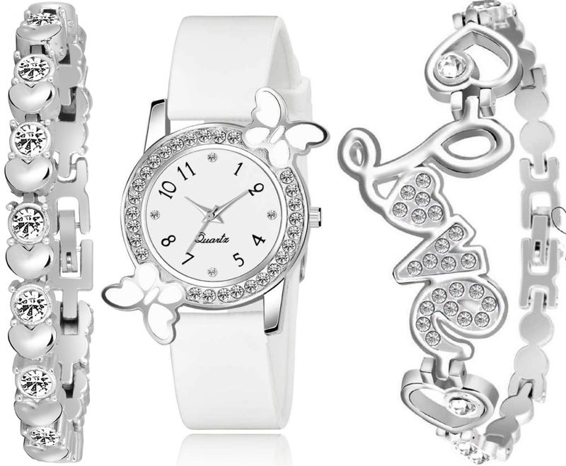 Acnos Polyurethane White Dial Diamond Analog Watch With 2 Diamond Bracelets for Girls - Butterfly Combo Pack of 3 - Image 1
