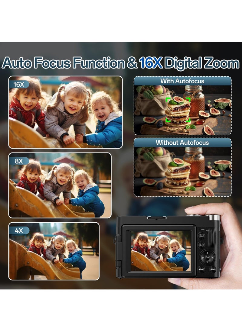 إيكويكام - كاميرا رقمية 4K للتصوير الفوتوغرافي، بطاقة TF سعة 64 جيجابايت، كاميرا فيديو 48 ميجابكسل بتركيز تلقائي لليوتيوب مع شاشة 3 بوصة 180 درجة، تكبير رقمي 16X، كاميرا سفر صغيرة مضادة للاهتزاز - Image 1