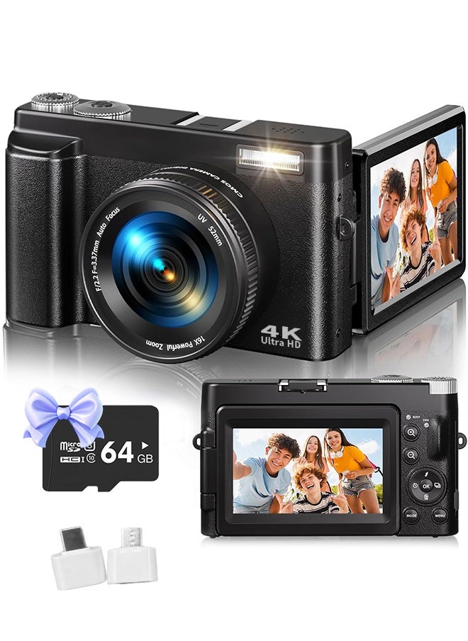 إيكويكام كاميرا رقمية 4K للتصوير الفوتوغرافي، بطاقة TF سعة 64 جيجابايت، كاميرا فيديو 48 ميجابكسل بتركيز تلقائي لليوتيوب مع شاشة 3 بوصة 180 درجة، تكبير رقمي 16X، كاميرا سفر صغيرة مضادة للاهتزاز  - Image 1