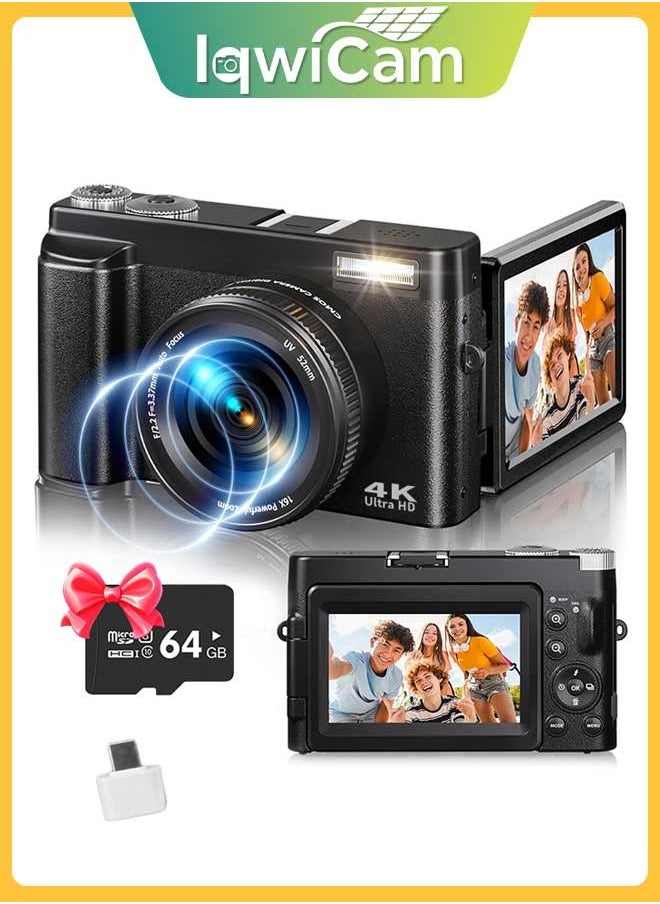 IqwiCam 4K Digital Camera for Photography, 64GB TF Card, 48MP Autofocus Vlogging Camera for YouTube with 3'' 180°Flip Screen, 16X Digital Zoom Anti-Shake Compact Travel Camera  - Image 1