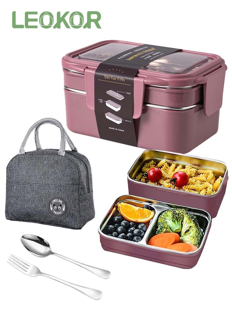 LEOKOR Stainless Steel Bento Box Double Layer 1000ML Leakproof Lunch Container with Tableware and Lunch Bag for Adults Kids Men Women Teens Everyday Use - Image 1