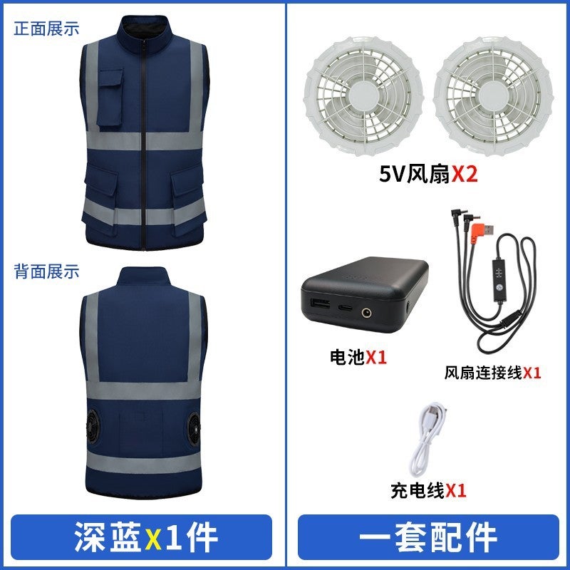Cross-Border Summer Fan Clothing Safety Reflective Air-Conditioning Clothing Construction Site Road Administration Duty Reflective Strip Vest Fan Work Clothes Dark blue+5vusb-2 fan accessories+2w power bank