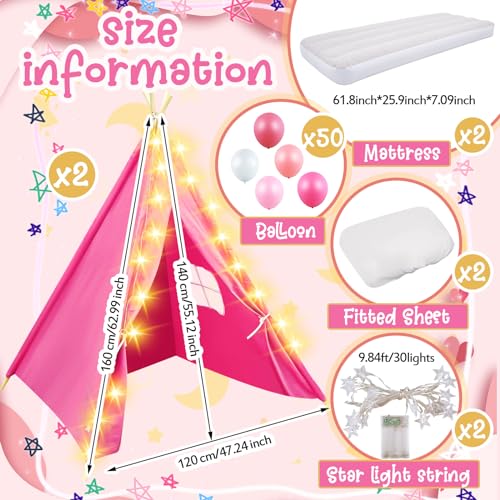 Lemosae 2 Pack Kids Teepee Tent with MattressFitted SheetLight StringWashable Natural Cotton Toddler Play Tent for Girls Boys Indoor Outdoor Sleepover Slumber Birthday PartyRose Red - Image 5