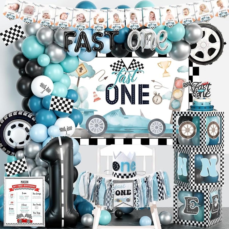 Fiesec Fast One Birthday Decorations for Boys, 1st Birthday Decorations for Boy, Vintage Car Party Decorations Includes Balloons, Backdrop, Banner and Cake Toppers for first Birthday Party - Image 1