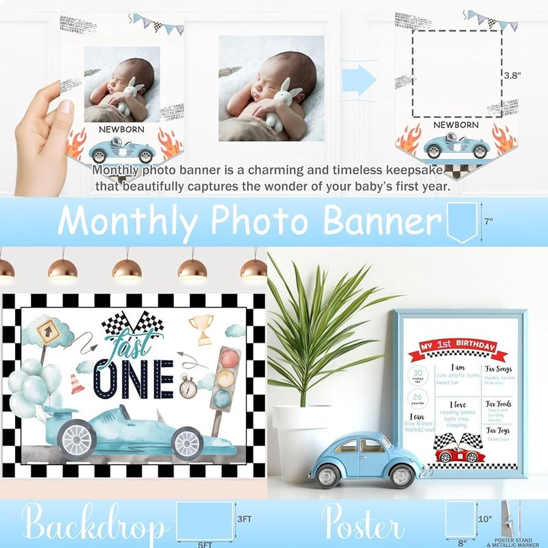 Fiesec Fast One Birthday Decorations for Boys, 1st Birthday Decorations for Boy, Vintage Car Party Decorations Includes Balloons, Backdrop, Banner and Cake Toppers for first Birthday Party - Image 5