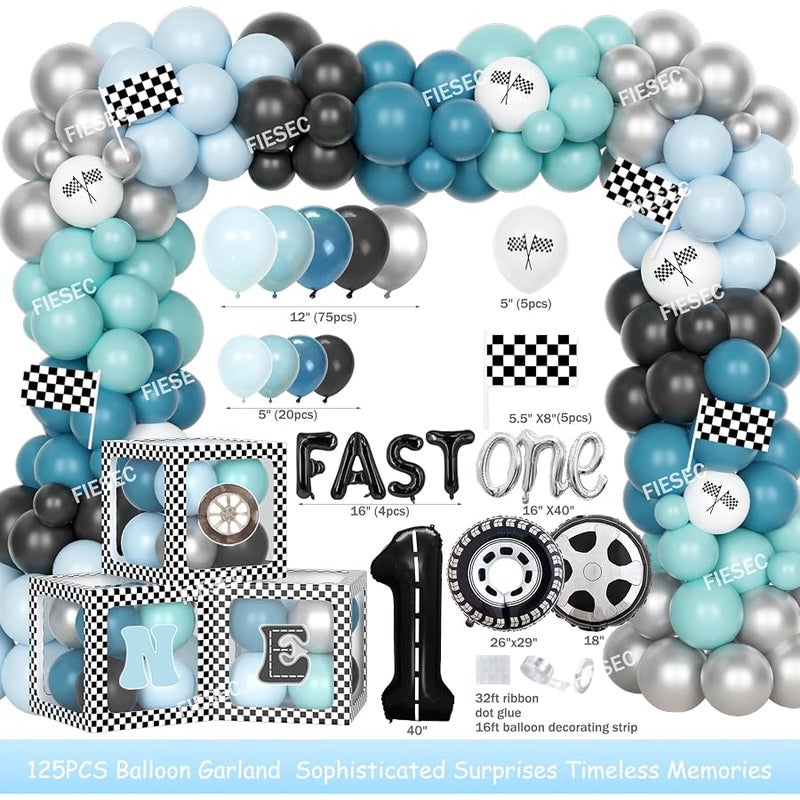 Fiesec Fast One Birthday Decorations for Boys, 1st Birthday Decorations for Boy, Vintage Car Party Decorations Includes Balloons, Backdrop, Banner and Cake Toppers for first Birthday Party - Image 3