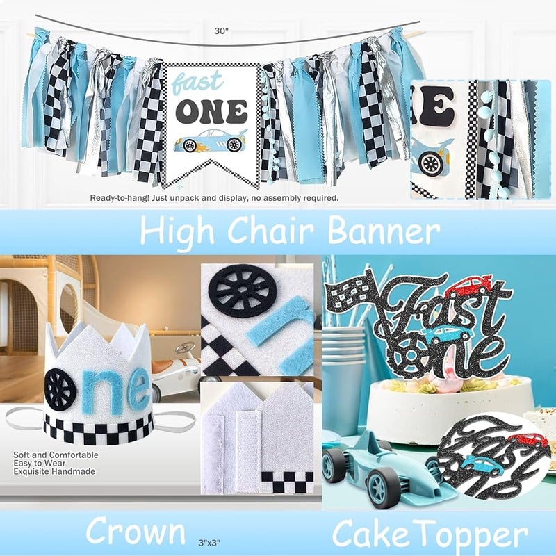Fiesec Fast One Birthday Decorations for Boys, 1st Birthday Decorations for Boy, Vintage Car Party Decorations Includes Balloons, Backdrop, Banner and Cake Toppers for first Birthday Party - Image 4