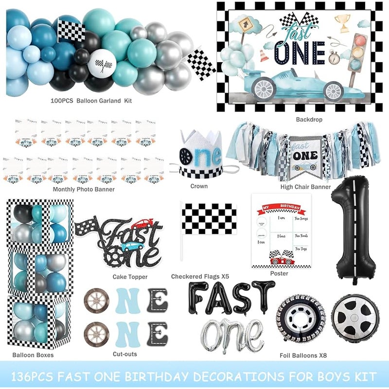 Fiesec Fast One Birthday Decorations for Boys, 1st Birthday Decorations for Boy, Vintage Car Party Decorations Includes Balloons, Backdrop, Banner and Cake Toppers for first Birthday Party - Image 2