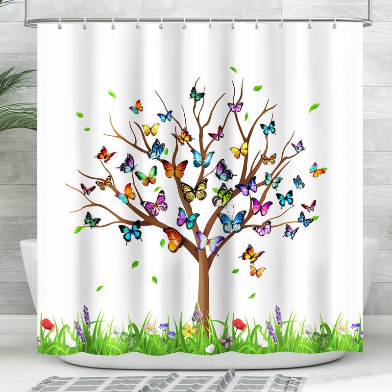 Lokigo Shower Curtain Tree Shower Curtains for Bathroom White Fabric Colorful Floral Leaves Butterfly Bathroom Shower Curtain with Hooks 72 x 72 Inches