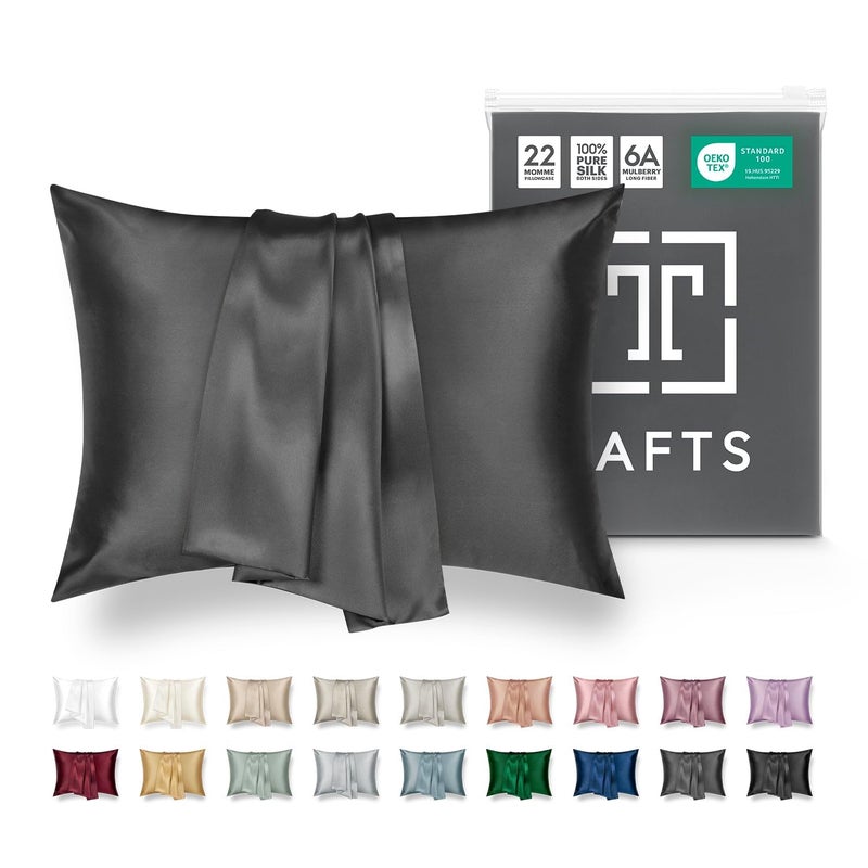 Tafts Pillow Cases  22mm 100 Pure Mulberry 6A Silk Pillowcase for Hair  Skin with Zipper Closure Cooling Natural Organic Double Sided Silk Pillow Case Charcoal Grey King 20x36 1pc