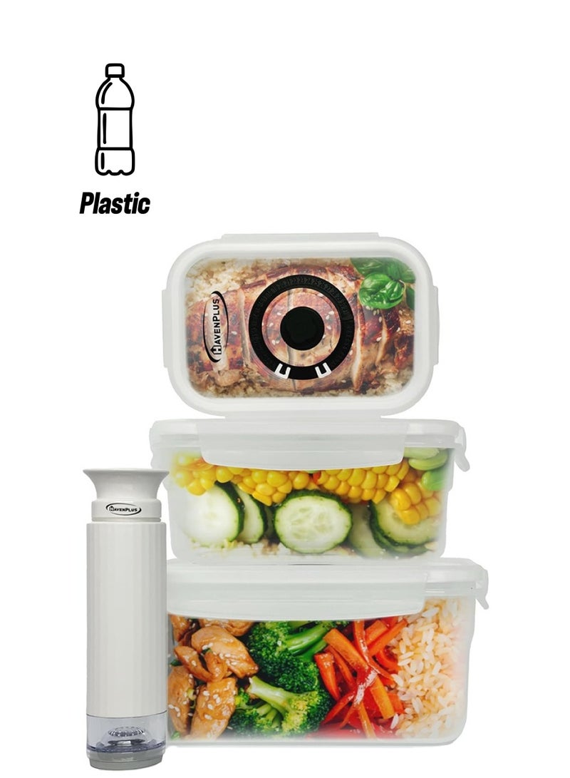 HavenPlus Food Vacuum Container Set with Pump and Built-in Date Indicator, 3 pcs Re-usable Food Containers, Airtight Plastic Storage, 500ml, 1000ml, 2000ml - Image 1