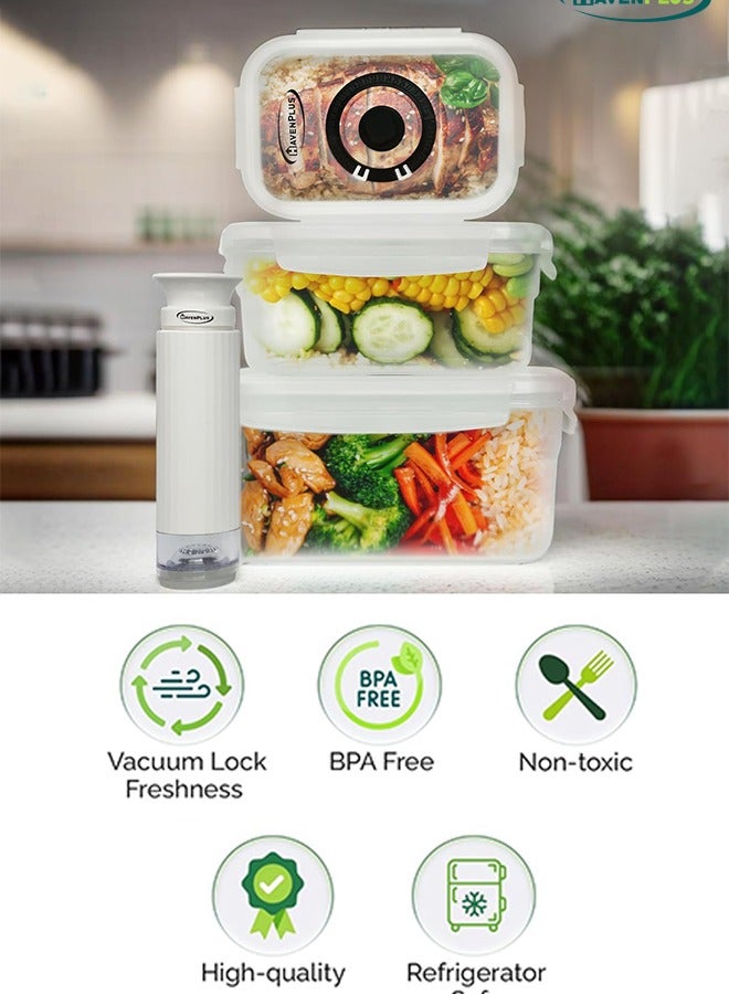 HavenPlus Food Vacuum Container Set with Pump and Built-in Date Indicator, 3 pcs Re-usable Food Containers, Airtight Plastic Storage, 500ml, 1000ml, 2000ml - Image 2