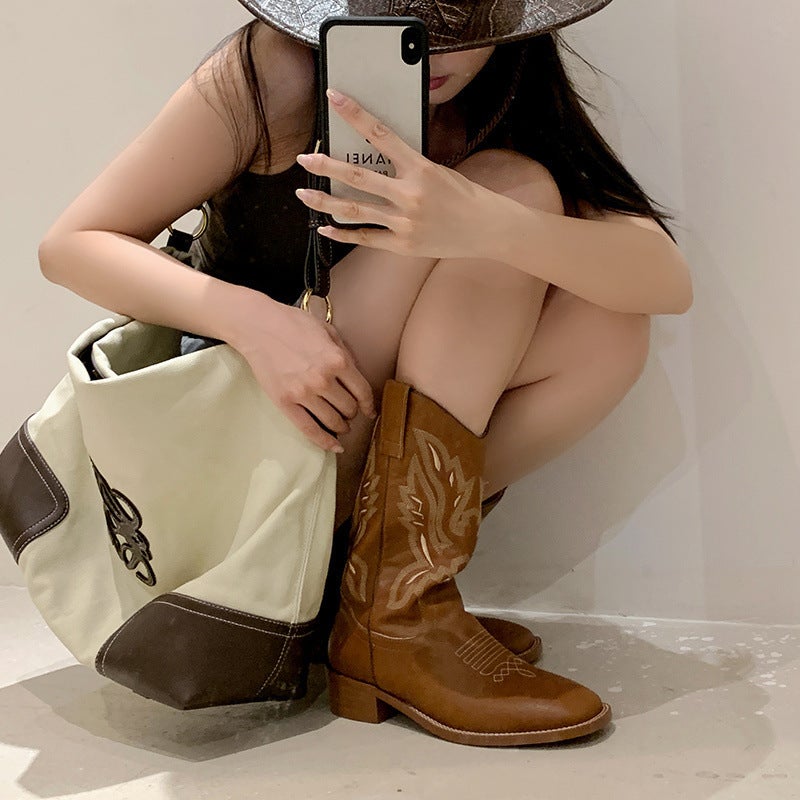 Soft Leather White Boots Western Boots Vintage Embroidered Cowboy Boots Women'S Mid-Boots With Skirt Boots - Image 3