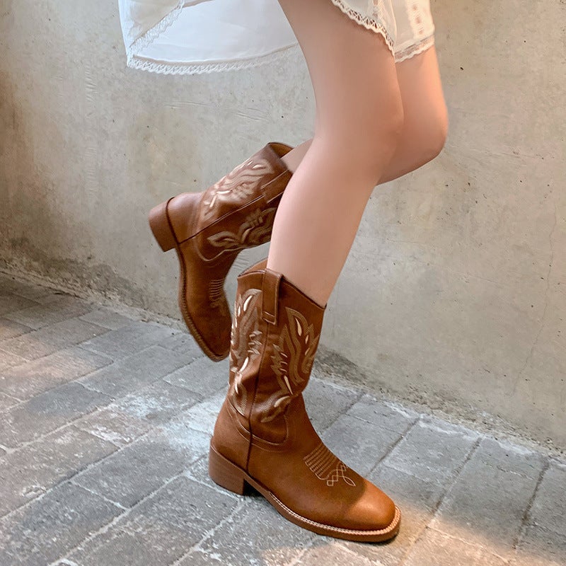 Soft Leather White Boots Western Boots Vintage Embroidered Cowboy Boots Women'S Mid-Boots With Skirt Boots - Image 4