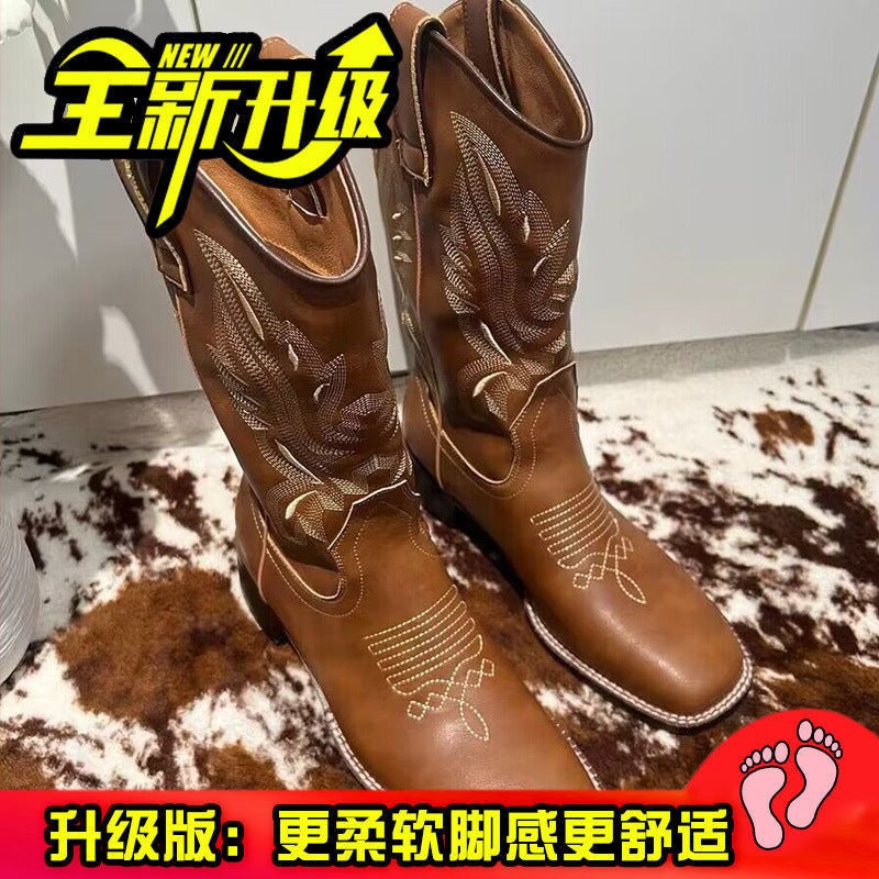 Soft Leather White Boots Western Boots Vintage Embroidered Cowboy Boots Women'S Mid-Boots With Skirt Boots - Image 1