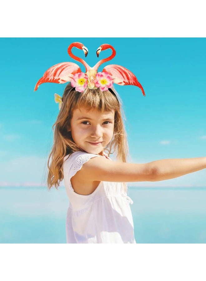 Doneace Hawaiian Party Headband Flamingo Hair Hoop Flowers Head Boppers Headwear Tropical Party Decorations Aloha Luau Party Decor Floral Hair Supplies Blossom Summer Beach Hair Accessories for Adult Kids1PCS - Image 2