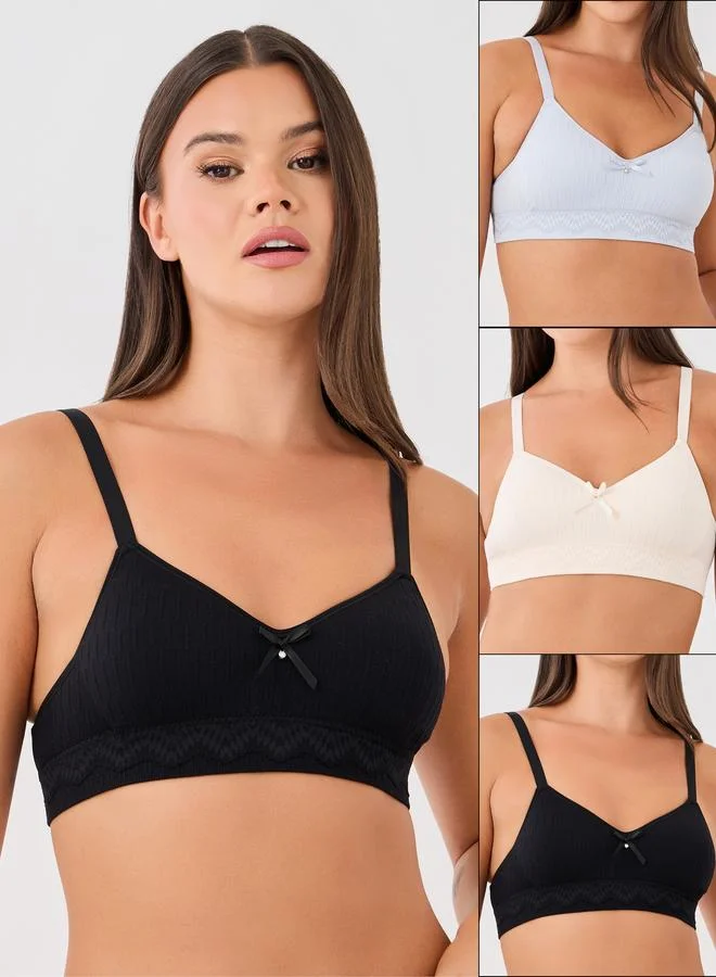 Styli Styli Pack of 3 - Padded Non-Wired Textured Bra with Bow Detail