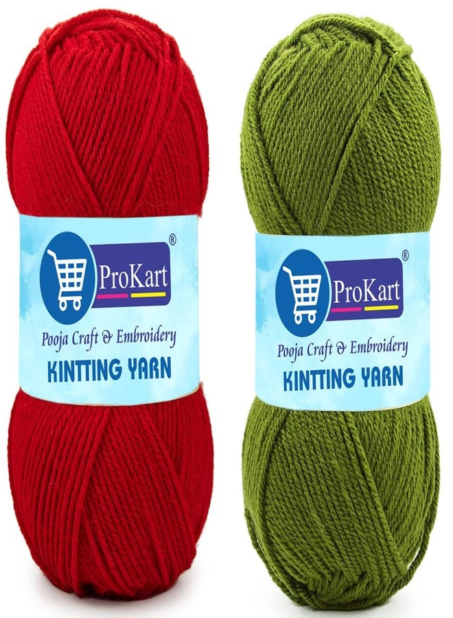 ProKart 100% Acrylic 4 Ply Premium Knitting Yarn | 200g Combo Pack | Fine Weight Soft Wool for Sweaters, Baby Clothes, DIY Crafts, 2 Balls (1 Ball/100 Gram Each) (Red & Sap Green) - Image 1
