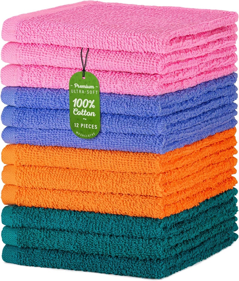 DecorRack 12 Pack 100% Cotton Wash Cloth, Luxurious Soft, 12 x 12 inch Ultra Absorbent, Machine Washable Washcloths, Assorted Colors (12 Pack) - Image 1