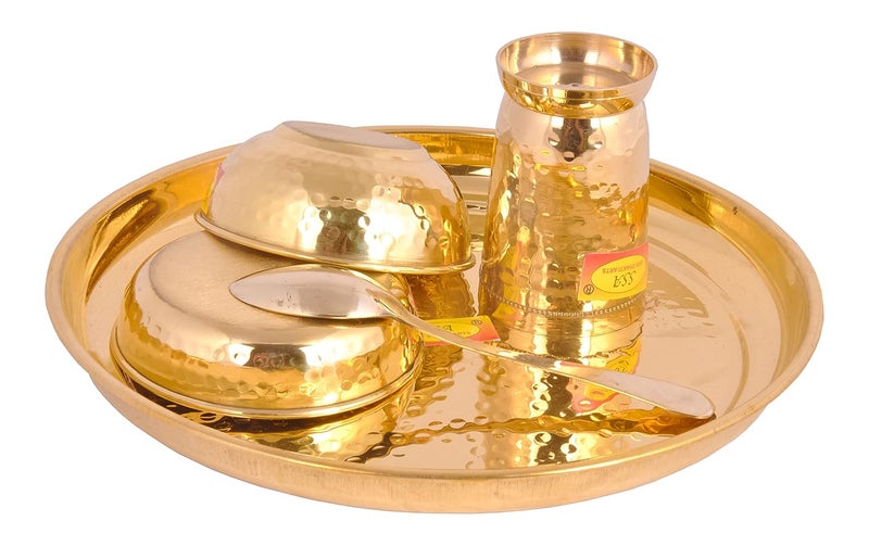 SHIV SHAKTI ARTS SHIV SHAKTI ARTS Pure Brass Solid Thali Set Round 5 Piece Set |Pital Dinner Set | Hammered Design L | Brass Dinnerware Set, For Gifting Diwali Special Gold - Image 3
