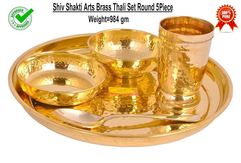 SHIV SHAKTI ARTS SHIV SHAKTI ARTS Pure Brass Solid Thali Set Round 5 Piece Set |Pital Dinner Set | Hammered Design L | Brass Dinnerware Set, For Gifting Diwali Special Gold - Image 2