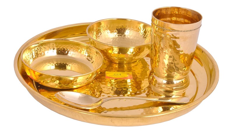 SHIV SHAKTI ARTS SHIV SHAKTI ARTS Pure Brass Solid Thali Set Round 5 Piece Set |Pital Dinner Set | Hammered Design L | Brass Dinnerware Set, For Gifting Diwali Special Gold - Image 1