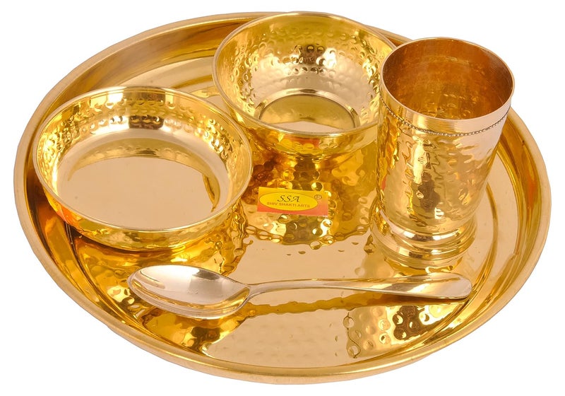 SHIV SHAKTI ARTS SHIV SHAKTI ARTS Pure Brass Solid Thali Set Round 5 Piece Set |Pital Dinner Set | Hammered Design L | Brass Dinnerware Set, For Gifting Diwali Special Gold - Image 4