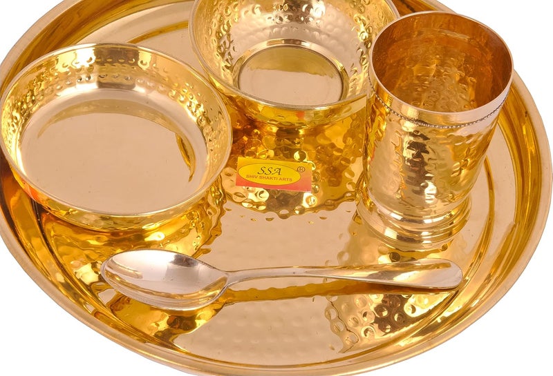 SHIV SHAKTI ARTS SHIV SHAKTI ARTS Pure Brass Solid Thali Set Round 5 Piece Set |Pital Dinner Set | Hammered Design L | Brass Dinnerware Set, For Gifting Diwali Special Gold - Image 5