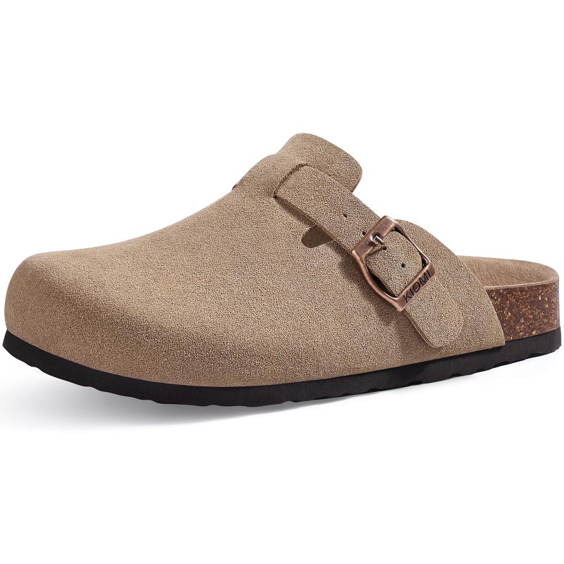 KIDMI Unisex Vegan Suede Clogs Leather Mules Womens Mens Cork Footbed Potato Shoes with Arch Support, Vegan Suede Taupe, Size 44 - Image 1