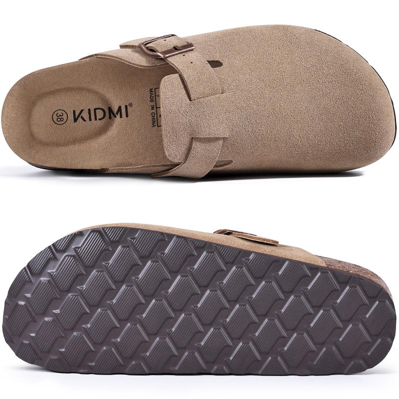 KIDMI Unisex Vegan Suede Clogs Leather Mules Womens Mens Cork Footbed Potato Shoes with Arch Support, Vegan Suede Taupe, Size 44 - Image 3